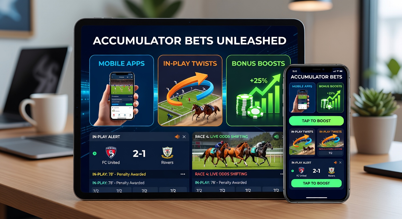 Dynamic in-play accumulator interface on tablet, featuring live football score updates alongside horse racing results and bonus accumulator insurance highlighted