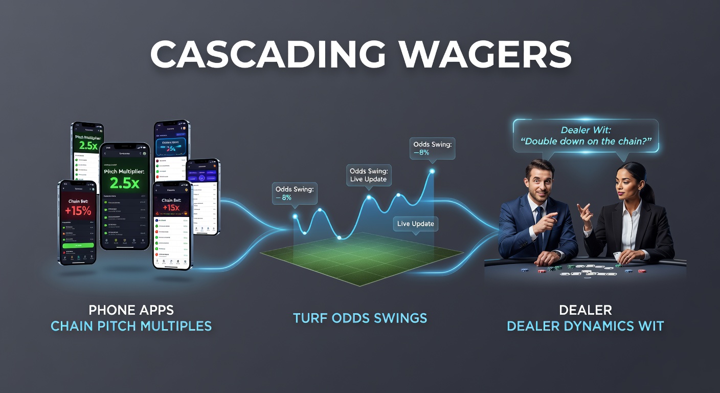 Dynamic graphic showing horse racing odds fluctuating on a mobile app during a cascade wager, transitioning to live dealer blackjack with bonus perk timer and secure stream overlay