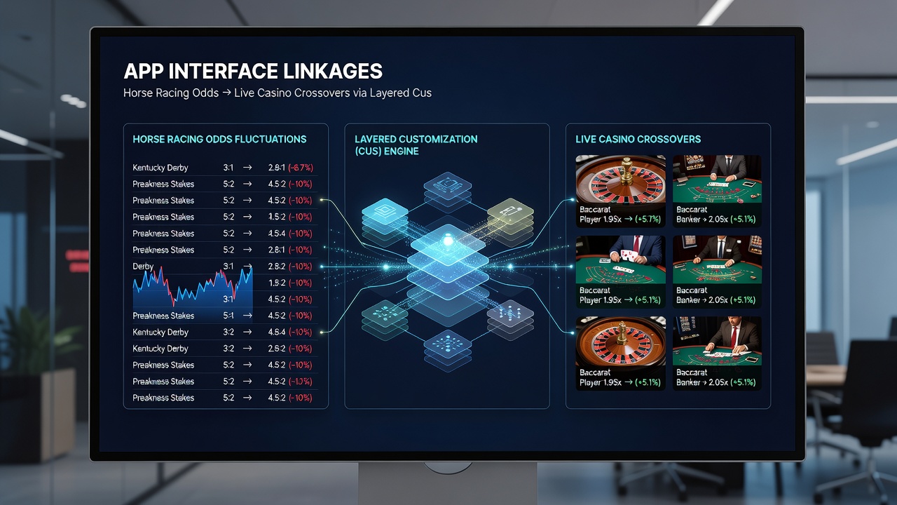 Split view of betting app with horse racing odds chart transitioning into live casino table interface