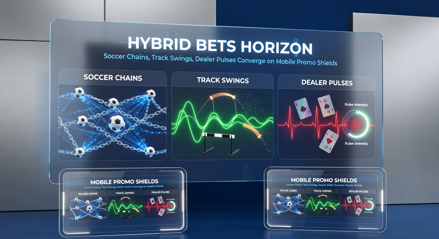 Close-up of a mobile betting interface displaying racing odds fluctuating in real-time alongside soccer accumulator progress and live dealer card pulses, all encased in a glowing promo shield