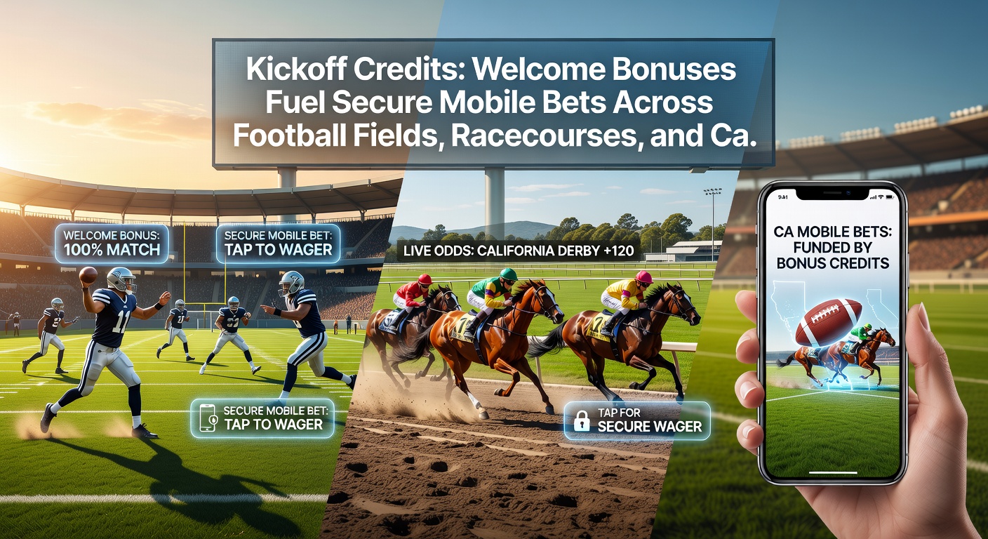 Dynamic scene of a horse race on a mobile app interface, overlaid with welcome bonus notifications and secure lock symbols protecting bet slips