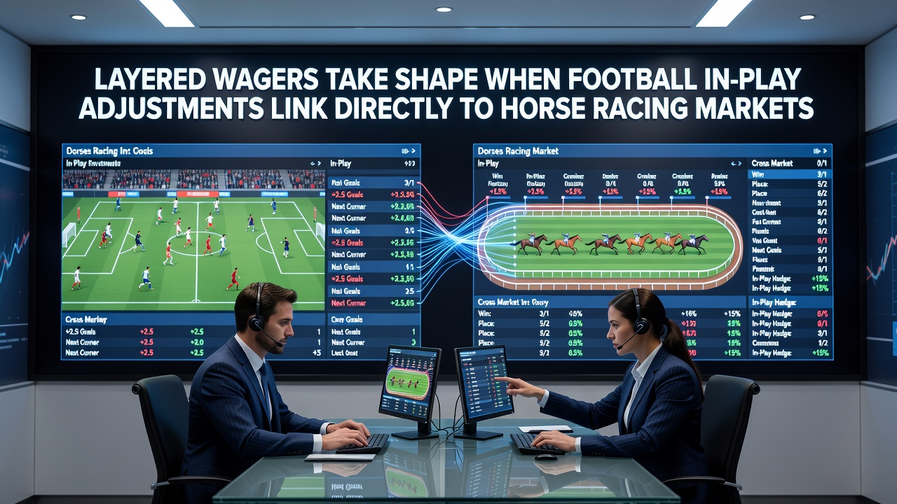 Secure mobile app screen showing linked wagers from soccer in-play to horse racing and casino tables