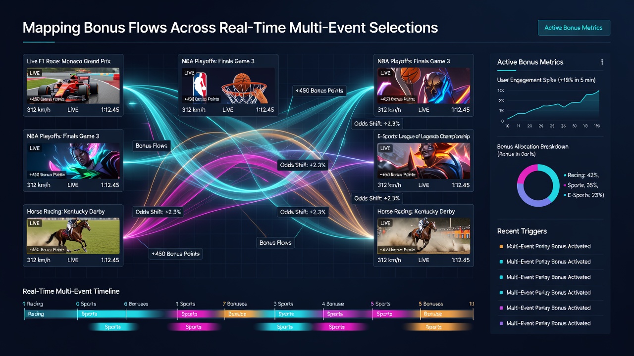 Flow diagram illustrating bonus distribution across concurrent sports and racing event selections in a mobile interface