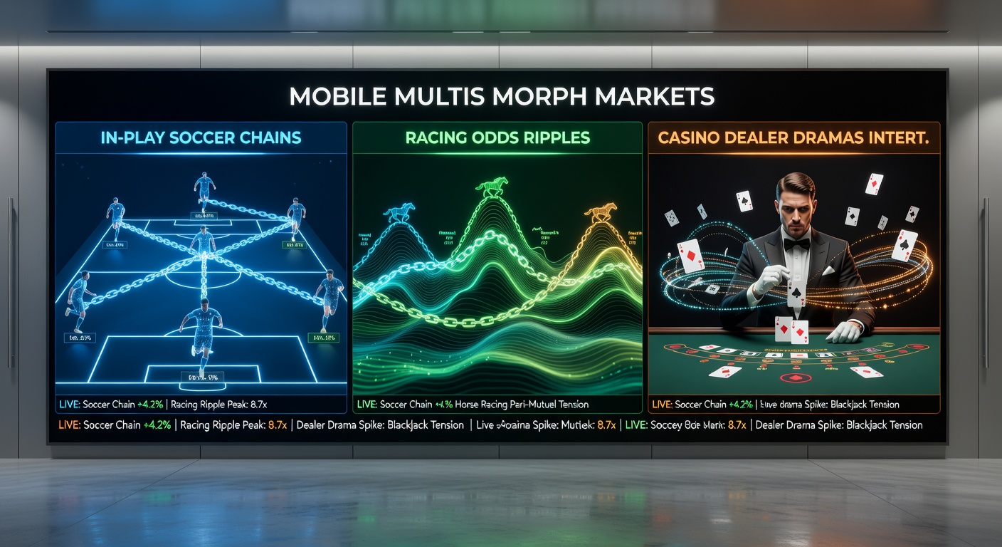 Dynamic graphic of racing odds waveforms merging with soccer match timelines, live dealer roulette spins, bonus pop-ups, and encrypted payment flows on a smartphone
