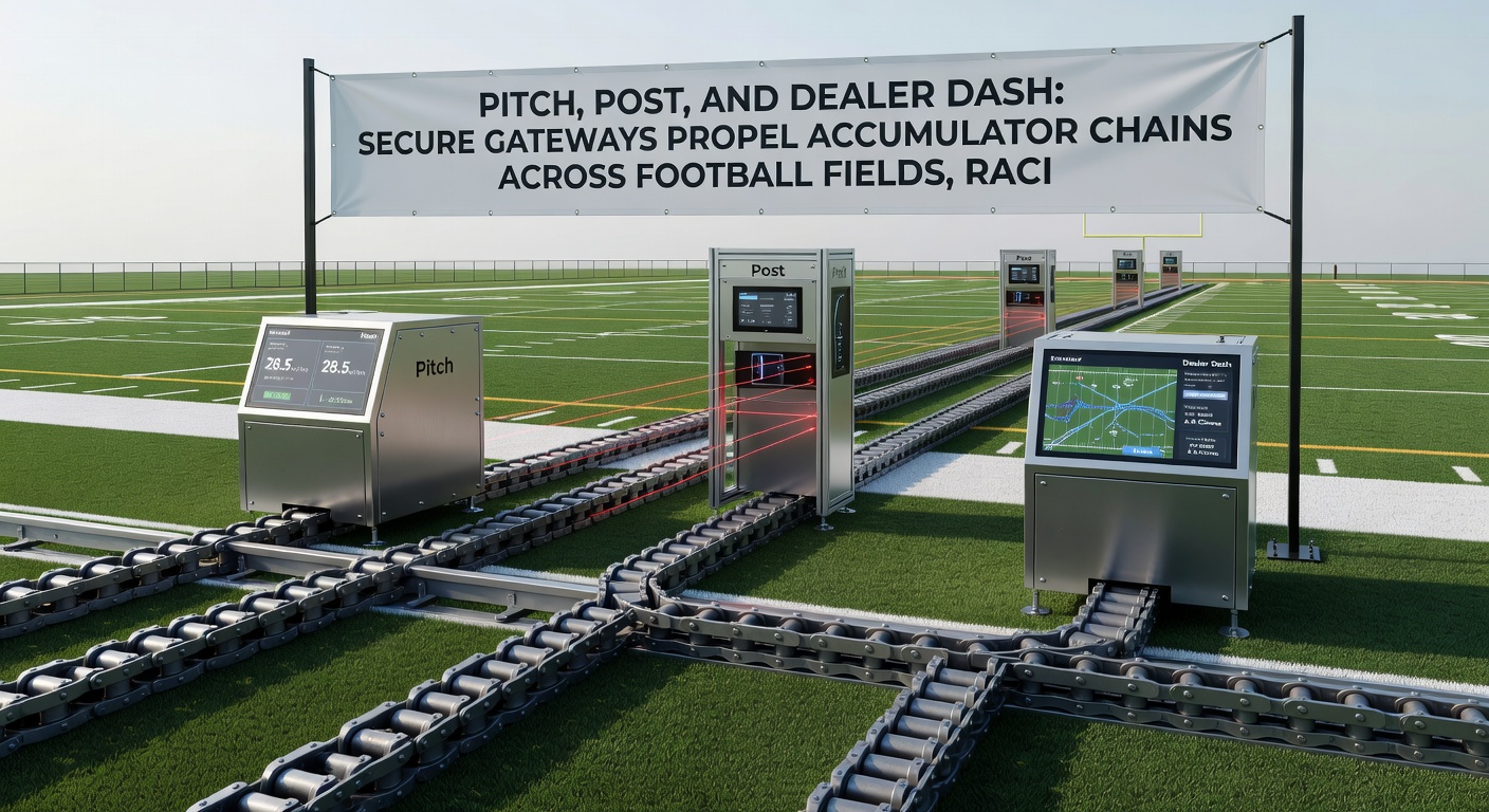 Dynamic graphic of secure payment gateways connecting soccer, racing, and live dealer icons with glowing accumulator chains and bonus explosion effects