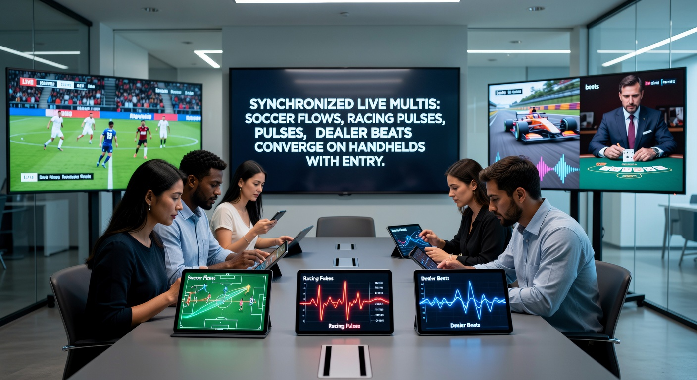 Close-up of a smartphone screen with live soccer action, racing overlay, and casino dealer feed synchronized in a multi-bet interface