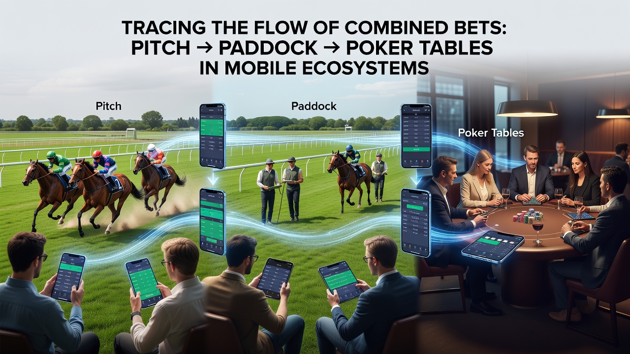 Flow diagram illustrating bet movement through mobile apps from soccer to racing to poker with payment verification steps